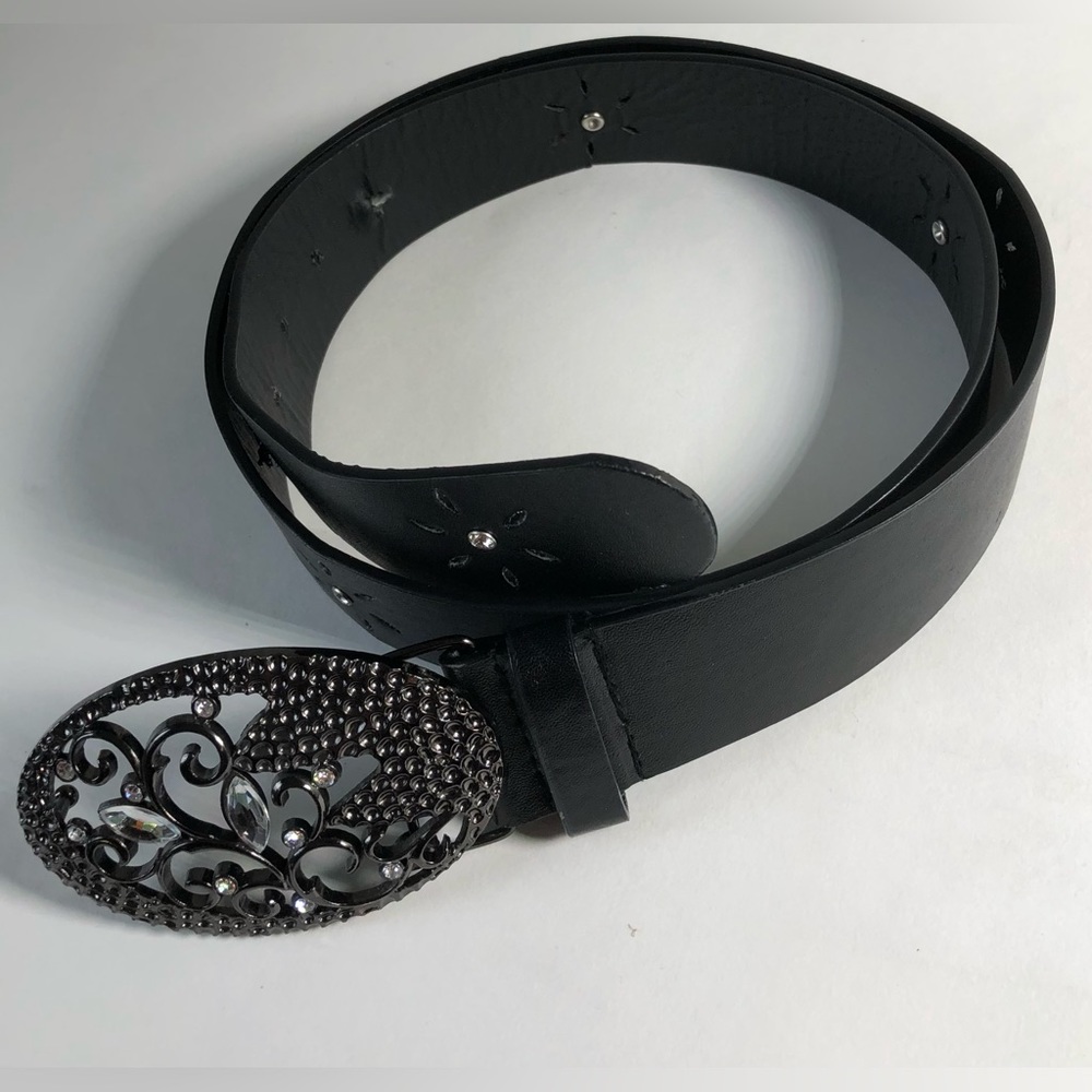 Women’s Wide Belt Black with Cut Outs and Gemstone Design 45”L x 1.5”W